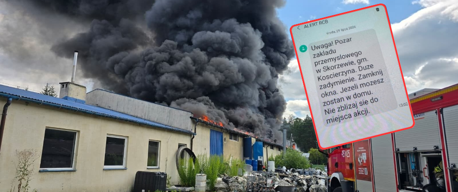 Region. Pożar hali produkcyjnej w Skorzewie. Alert RCB także dla mieszkańców powiatu kartuskiego